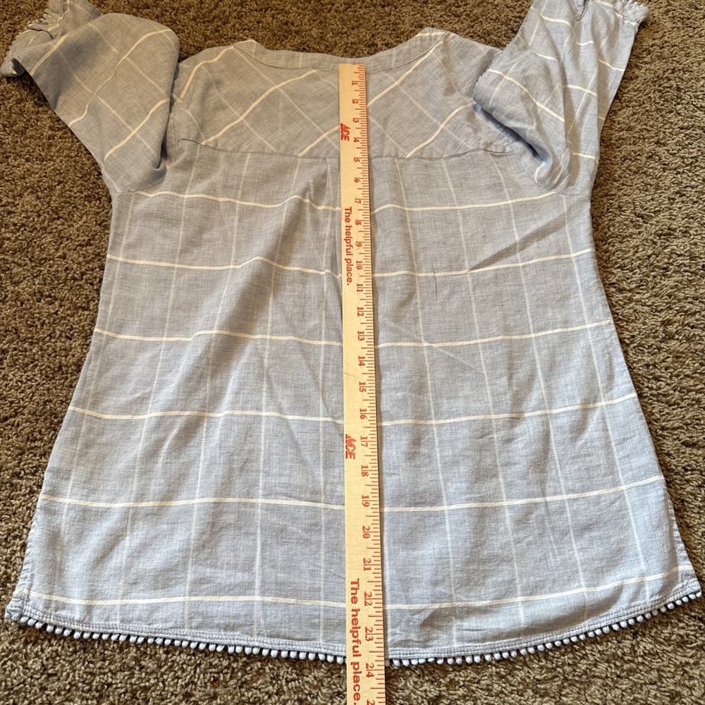 Christopher & Banks Blue Windowpane Plaid Crochet Lace Pom Pom Blouse Small - Picture 7 of 7